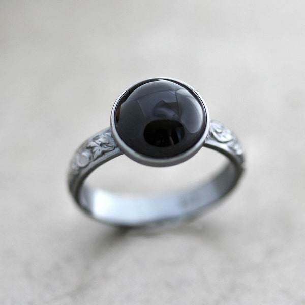 Coal Night Black Onyx and Oxidized Sterling Silver Ring Patterned Band - Made to Order - Blackout