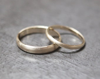 Yellow Gold Eco Wedding Set, Brushed Men's and Women's His & Hers; Theirs 4mm and 2mm Low Dome Recycled 14k Gold Wedding Couple’s Bands