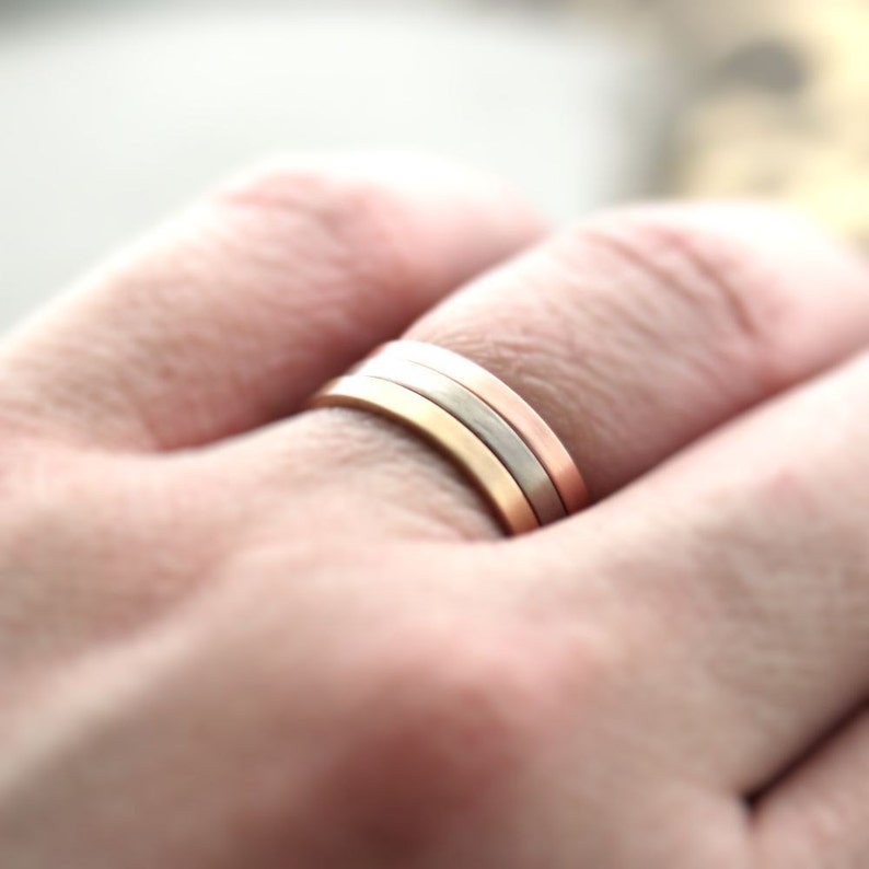 Gold Wedding Band Stackable Ring, 2mm Flat Slim Recycled 14k Yellow Gold Ring Brushed Gold Wedding Ring or Stacking Ladies Wedding Ring image 3