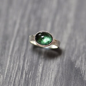 Moss Green Tourmaline Ring, Gold Accented Deep Green Gemstone Brushed Recycled Sterling Silver Textured Handmade Unisex Stone Ring Size 7.25 image 1