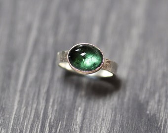 Moss Green Tourmaline Ring, Gold Accented Deep Green Gemstone Brushed Recycled Sterling Silver Textured Handmade Unisex Stone Ring Size 7.25