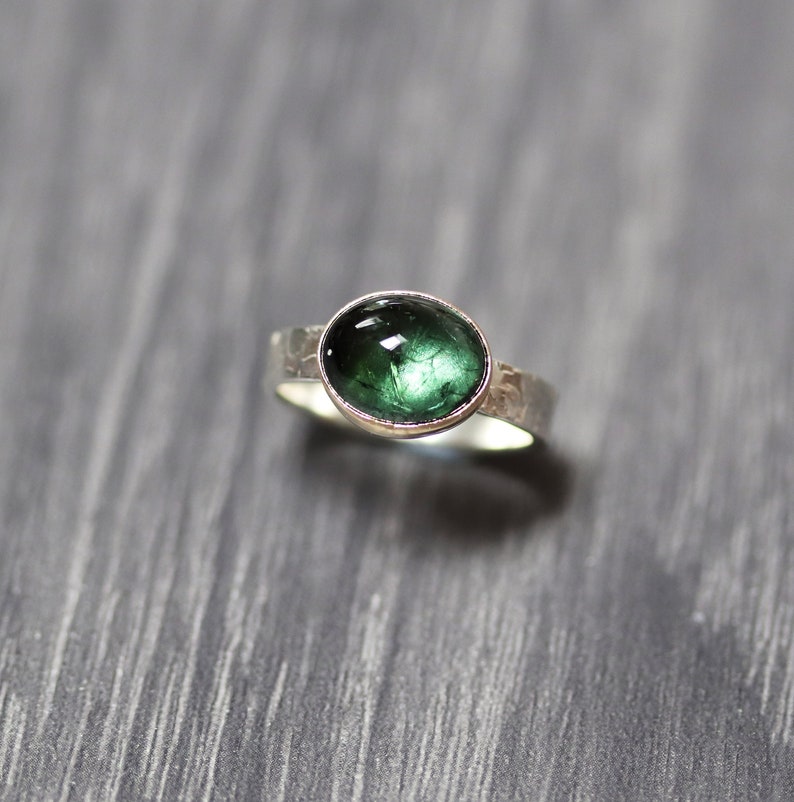 Moss Green Tourmaline Ring, Gold Accented Deep Green Gemstone Brushed Recycled Sterling Silver Textured Handmade Unisex Stone Ring Size 7.25 image 1