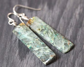 Moss Agate Dangle Earrings: Recycled Sterling Silver, Long Boho Jewelry