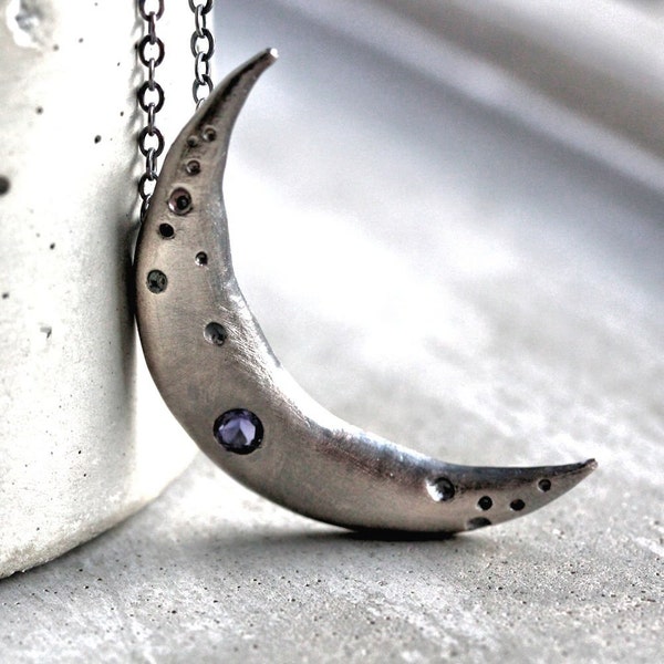Crescent Moon Necklace, Gunmetal Gray Cratered Moon Indigo Iolite Gemstone Oxidized Sterling Silver Necklace Space Galaxy - Crisium