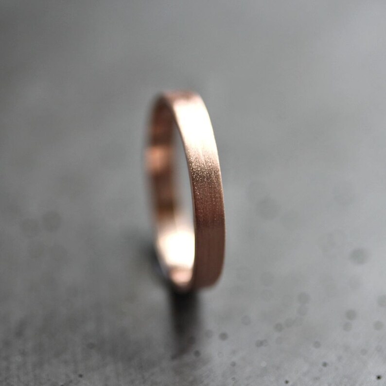 Rose Gold Women's Wedding Band Stackable Ring, 3mm Flat Slim Recycled 14k Rose Gold Ring Brushed Pink Gold Women's Wedding Ring image 2