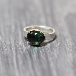 Moss Green Tourmaline Ring, Gold Accented Deep Green Gemstone Brushed Recycled Sterling Silver Textured Handmade Unisex Stone Ring Size 7.25 image 3