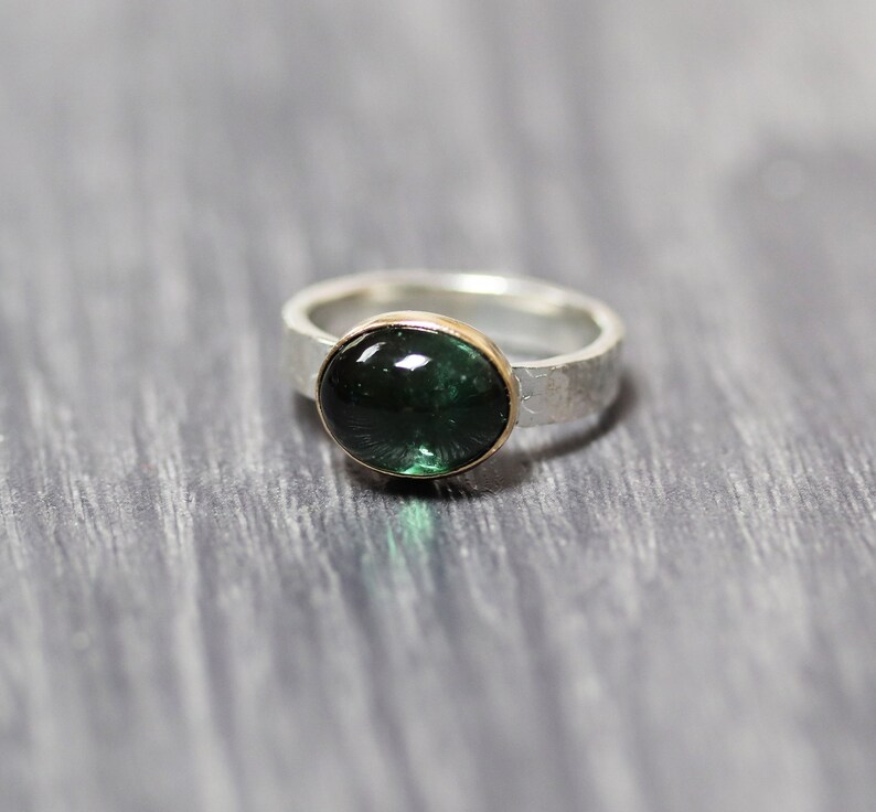 Moss Green Tourmaline Ring, Gold Accented Deep Green Gemstone Brushed Recycled Sterling Silver Textured Handmade Unisex Stone Ring Size 7.25 image 3