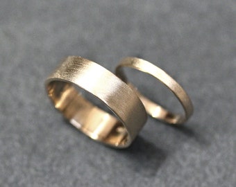 Gold Wedding Band Set, His and Hers 6mm and 2mm Brushed Flat 14k Recycled Yellow Gold Wedding Ring Set Couple's Bands