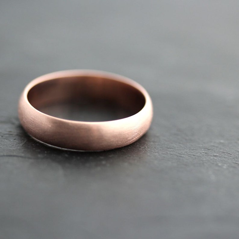 Men's Rose Gold Wedding Band, 5mm Brushed Half Round Recycled 14k Rose Gold Mens Wedding Band Guy's Ring Wide Textured Metalsmithed Ring image 4