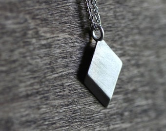 Geometric Diamond Necklace, Brushed Matte Simple Pendant Recycled Sterling Silver Necklace