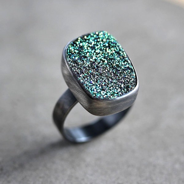 Green Druzy Ring, Lime Green Druzy Oxidized Sterling Silver Ring - Made to Order - Peacock