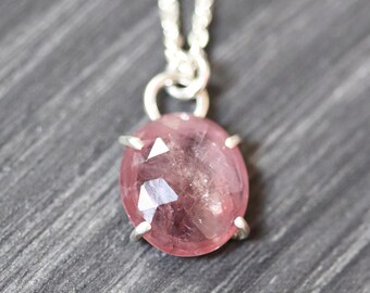 Pink Sapphire Rose Cut Prong Set Natural Simple Recycled Sterling Silver Pendant Necklace