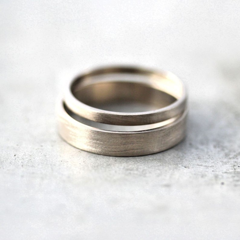 White Gold Wedding Ring Set, His and Hers 4mm and 2mm Brushed Flat 14k Recycled Palladium White Gold Matching Wedding Bands image 2