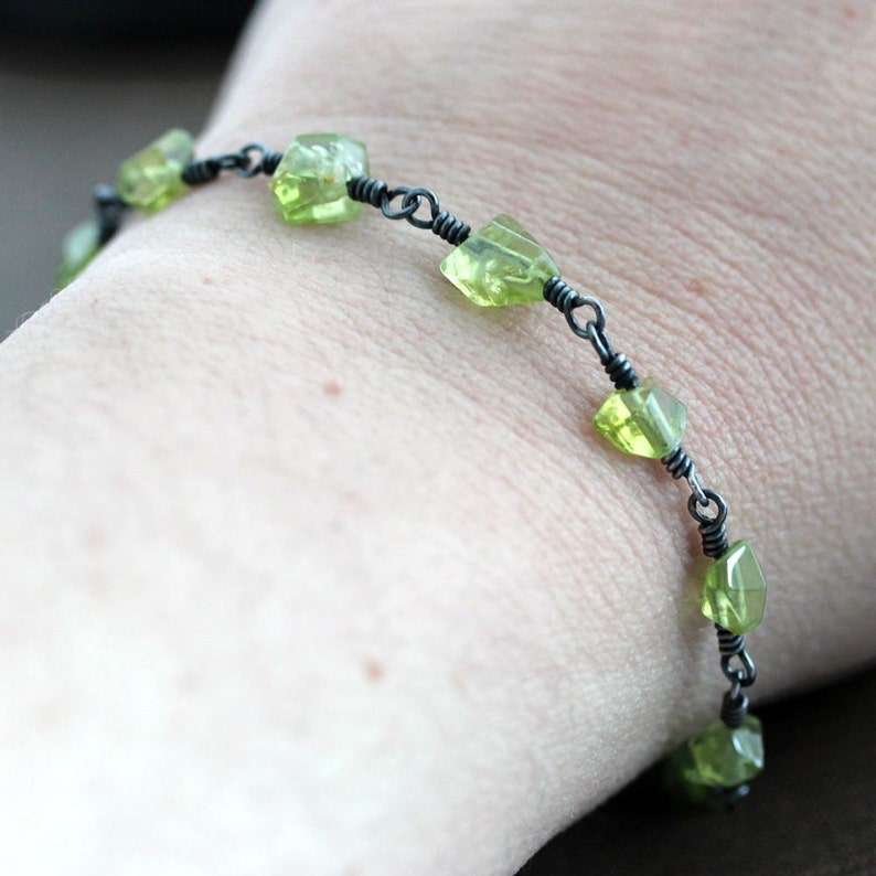 Peridot Birthstone Bracelet, Lime Green Peridot Nugget Oxidized Sterling Silver Wire Wrapped August Birthstone Kryptonite image 5