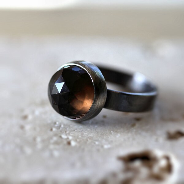 Smoky Quartz Ring, Chocolate Brown Faceted Roughed Up Oxidized Sterling Silver Ring - Size 7.5 - Indulgence