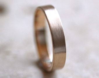 Men's Wedding Band, Simple Mens Band, 14k Yellow Gold 4mm Flat Brushed Gold Band Textured Recycled Gold Ring