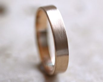 Men's Wedding Band, Simple Mens Band, 14k Yellow Gold 4mm Flat Brushed Gold Band Textured Recycled Gold Ring