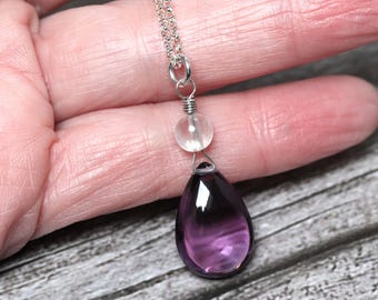 Amethyst Pear Briolette Pendant: Sterling Silver Necklace with Moonstone
