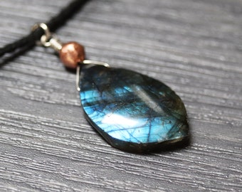 Blue Flash Lightning Large Labradorite Stone Pendant Necklace - Braided Vegan Leather Cord, Unisex Gift For Him Her Them