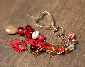 Beaded Boho Purse Charm: Red & Gold Clip-On Bag Accessory