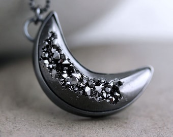 Black Moon Necklace, Black Crescent Moon Jewelry, Black Druzy Necklace, Bad Moon Rising