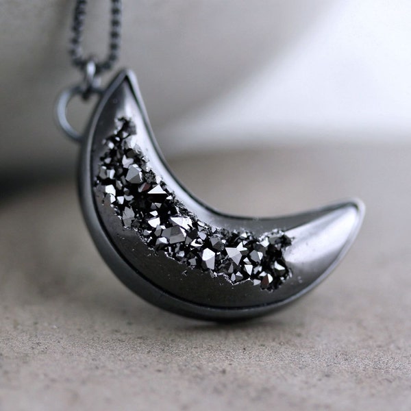 Black Moon Necklace, Black Crescent Moon Jewelry, Black Druzy Necklace, Bad Moon Rising