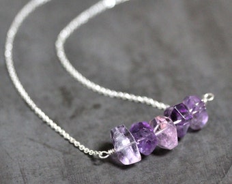Amethyst Necklace, Lavender Lilac Purple Raw Stone Rough Natural Amethyst Gemstone Sterling Silver Bar Necklace February Birthstone Jewelry