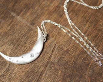 Crescent Moon Necklace: Cratered Sterling Silver, White Sapphire, Galaxy Jewelry