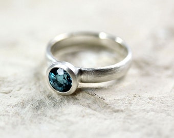 Round London Blue Topaz Ring, December Birthstone Ring Brushed in Sterling Silver