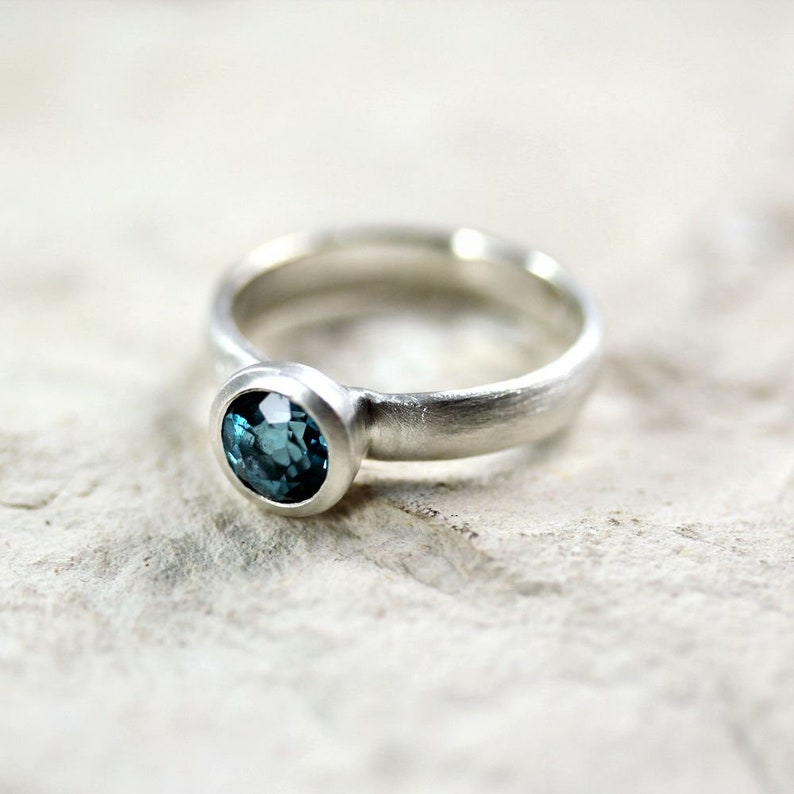 Round London Blue Topaz Ring, December Birthstone Ring Brushed in Sterling Silver image 1
