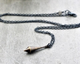 Brass Pendulum Necklace, Minimalist Antiqued Brass and Oxidized Sterling Silver Long Chain Necklace Simple Boho - Synchronicity