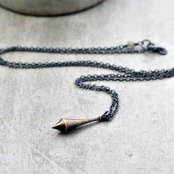 Brass Pendulum Necklace, Minimalist Antiqued Brass and Oxidized Sterling Silver Long Chain Necklace Simple Boho - Synchronicity