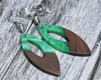 Green Resin Wood Earrings: Sterling Silver Geometric Dangles