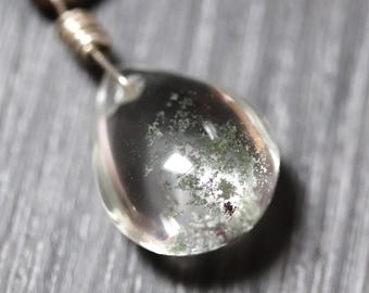 Fat Teardrop Smooth Garden Quartz Necklace Natural Clear Pendant Leather Cord Long Layering Necklace