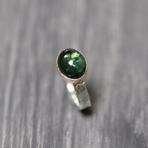 Moss Green Tourmaline Ring, Gold Accented Deep Green Gemstone Brushed Recycled Sterling Silver Textured Handmade Unisex Stone Ring Size 7.25 image 5