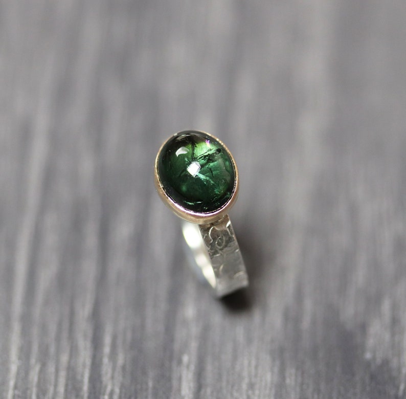 Moss Green Tourmaline Ring, Gold Accented Deep Green Gemstone Brushed Recycled Sterling Silver Textured Handmade Unisex Stone Ring Size 7.25 image 5