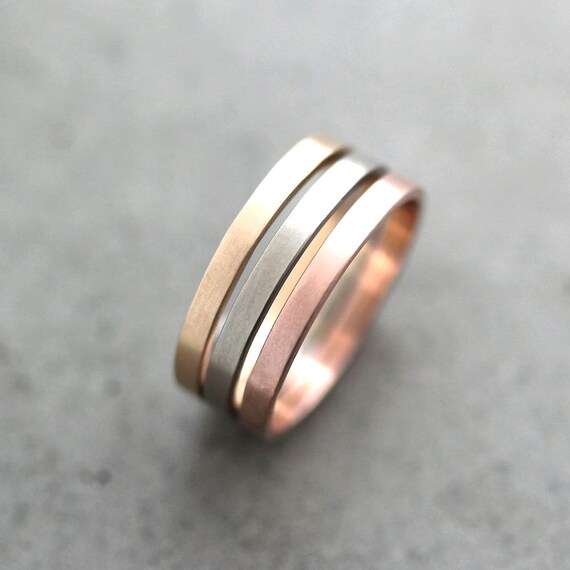 Gold Wedding Band Stacking Rings, Mixed Metal 2mm Recycled 14k