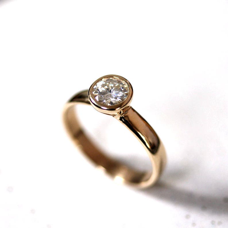 Moissanite Engagement Ring, Conflict Free Diamond Recycled 14k Gold Solitaire Women's Alternative Engagement Unique Ring Size 8.5 image 1