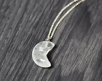 Crystal Quartz Necklace, Smooth Crescent Moon Natural Gemstone Quartz Clear Celestial Recycled Sterling Silver Minimalist Jewelry