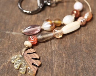 Beaded Boho Purse Charm: Wood Leaf Bag Dangle Accessory