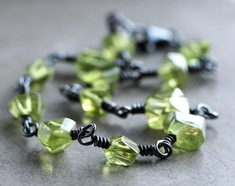 Peridot Birthstone Bracelet, Lime Green Peridot Nugget Oxidized Sterling Silver Wire Wrapped August Birthstone - Kryptonite