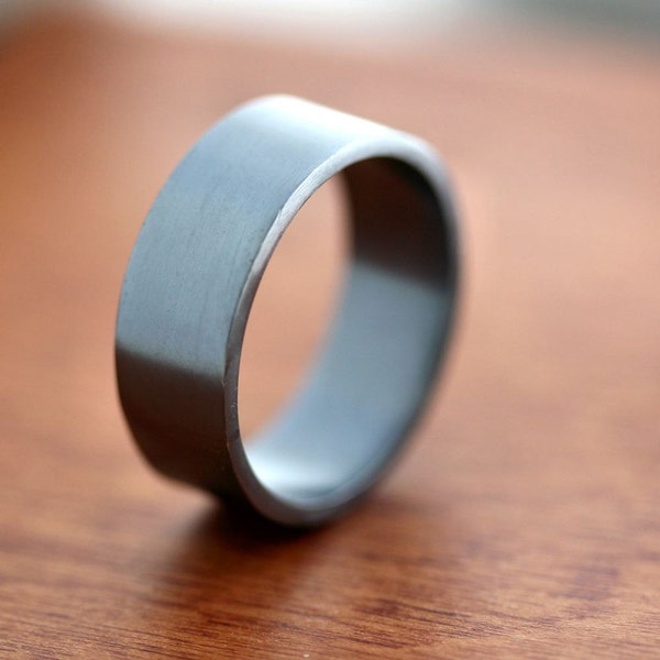 Men's Silver Wedding Band, 8mm Wide, Simple Flat Band Recycled Argentium Oxidized Sterling Silver Ring - Made in Your Size