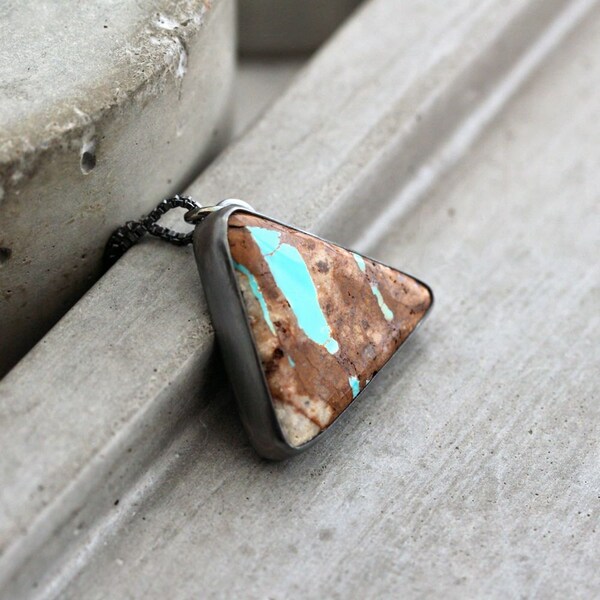 Arizona Ribbon Turquoise Necklace, Earthy Brown Sky Blue Natural Boulder Turquoise Oxidized Sterling Silver Necklace  - River
