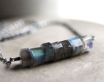 Labradorite Necklace, Storm Gray Blue Flash Labradorite Gemstone Oxidized Sterling Silver Bar Necklace - Reverberation