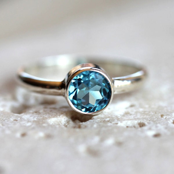 Swiss Blue Topaz Ring, Faceted Aqua Blue Gemstone Bright Sterling Silver Ring December Birthstone Sky Blue   - Made to Order