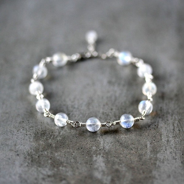 Moonstone Bracelet, Rainbow Moonstone Gemstone Sterling Silver Wire Wrapped Bracelet - Twilight