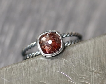 Handmade Russet Brown Rose Cut Diamond Ring, Gunmetal Sterling Silver, US Size 9