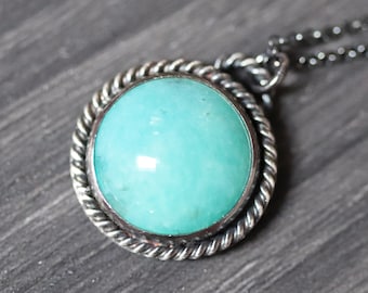 Amazonite Gemstone Necklace: Oxidized Sterling Silver Rope Pendant