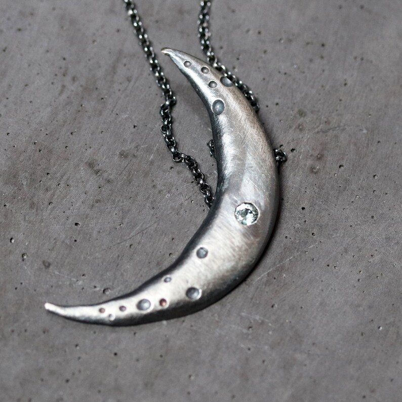 Celestial Crescent Moon Necklace Cratered Green Blue Sapphire Gemstone Oxidized Recycled Sterling Silver Necklace Galaxy Jewelry Crisium image 3