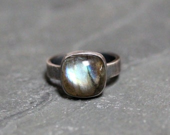 Labradorite Ring, Celestial Blue Gray Labradorite Cabochon Oxidized Recycled Sterling Silver Unisex Ring - Made in Your Size